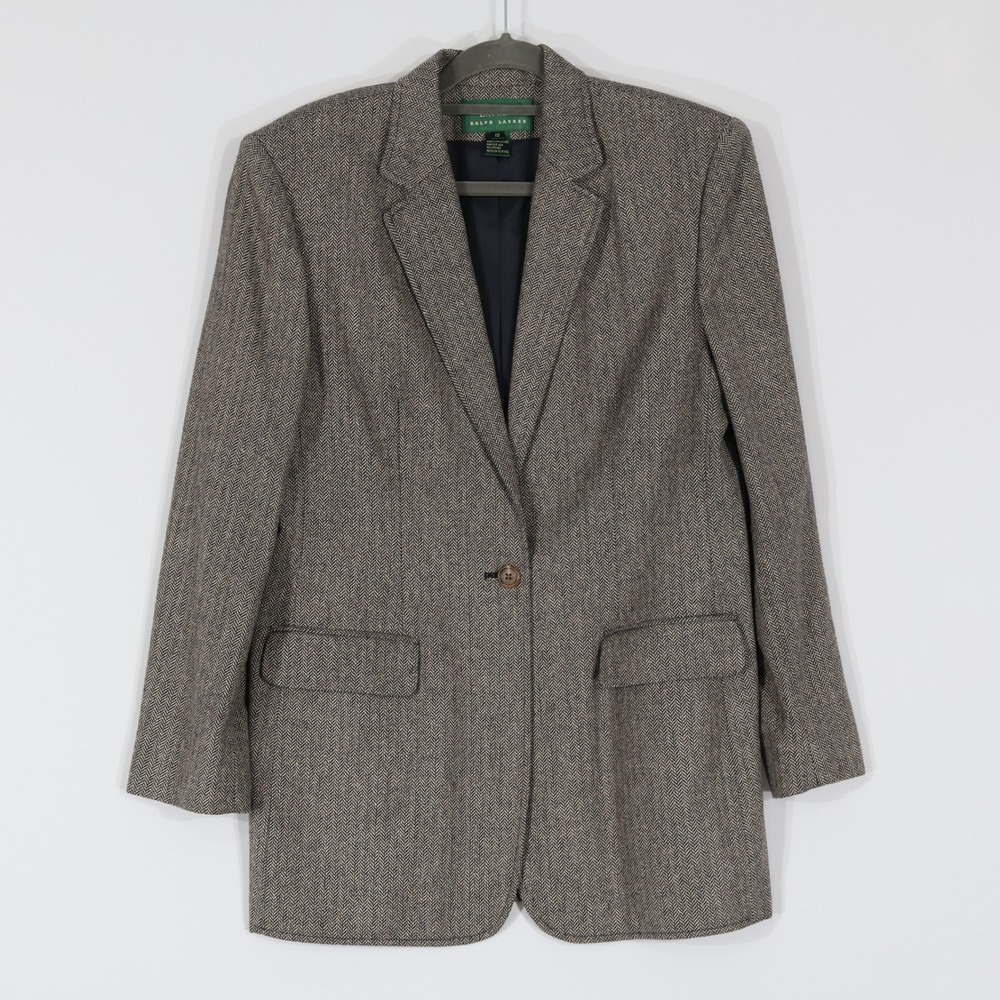Lauren Ralph Lauren Blazer Womens 12 Grey Herringbone Silk Wool Blend Academia